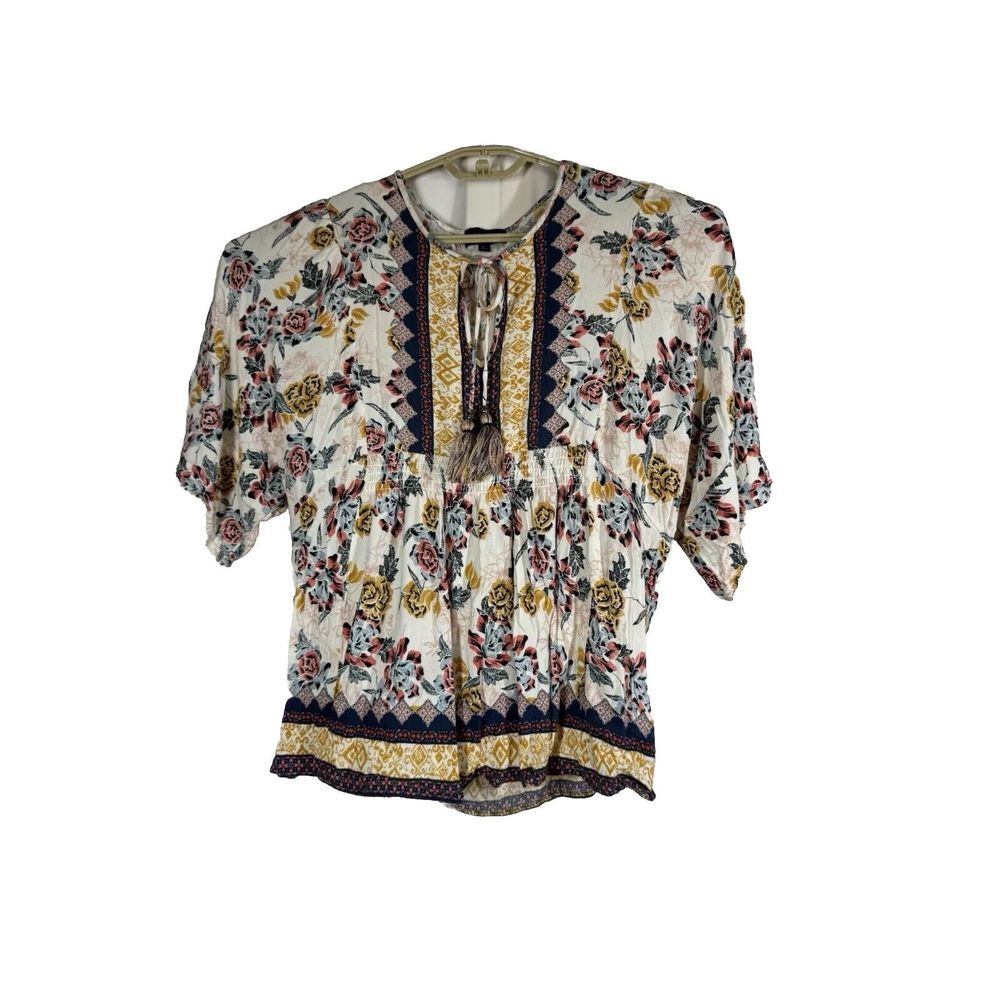 Artesia Top Women L‎ Floral Peasant Boho Short Sleeve Tassel
